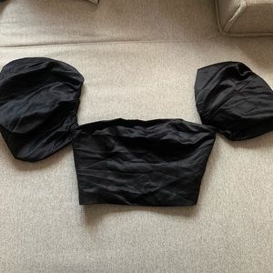 Black Satin Crop Top with Puff Sleeves
